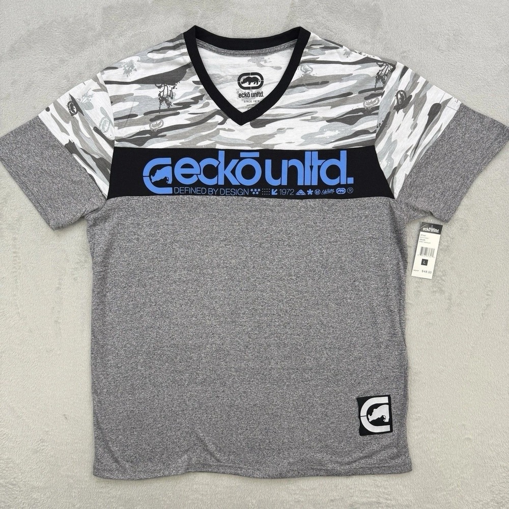 Ecko Unltd‎ Shirt Mens Gray Camo V Neck Graphic T Shirt Defined By Design XL